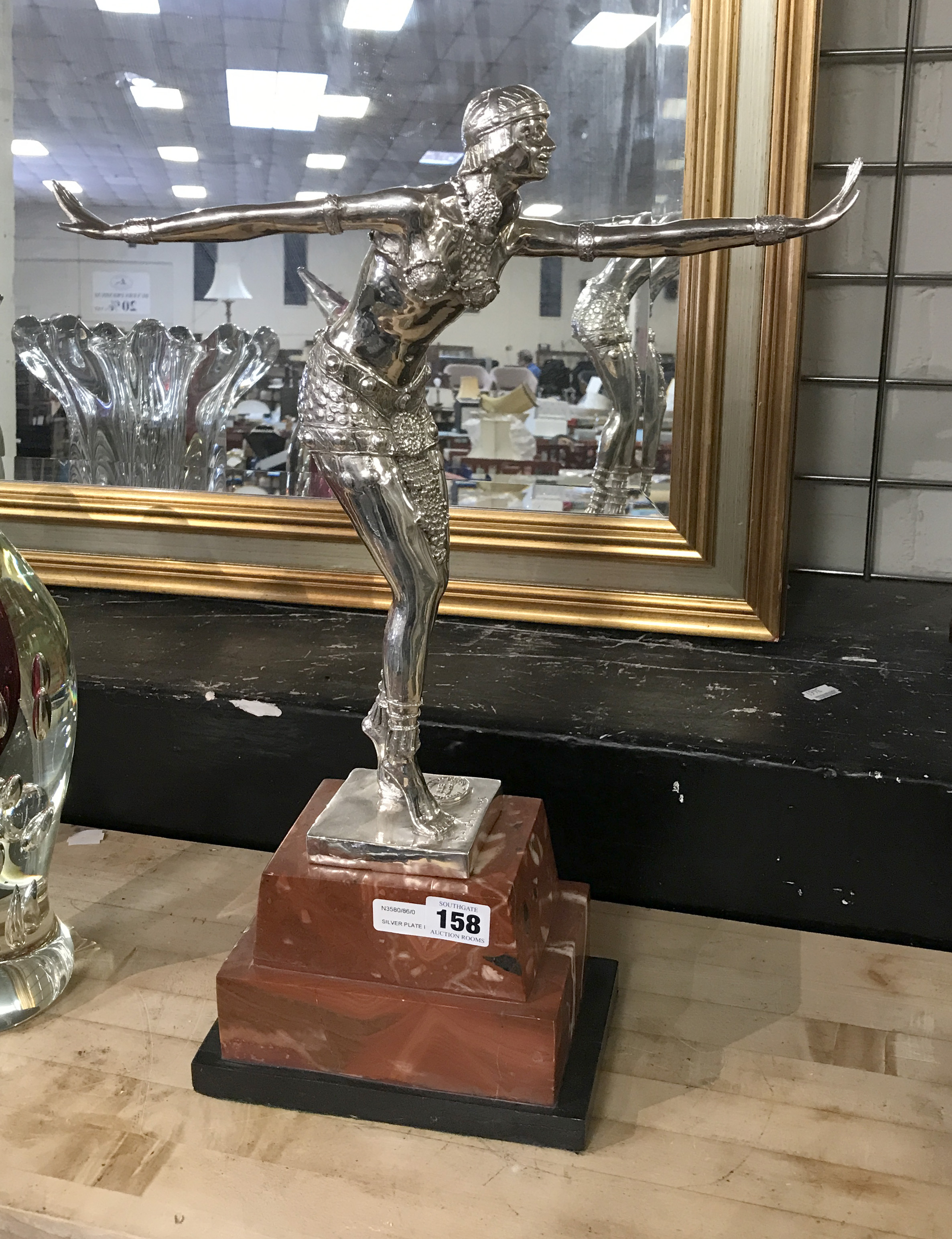SILVER PLATE DECO STYLE FIGURE ON MARBLE BASE - 49CM