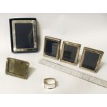 5 HM SILVER PHOTO FRAMES & HM SILVER NAPKIN RING - LARGEST 15CM X 12CM APPROX.