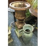 CAST IRON PLANT STAND ON PLINTH & METAL VASE