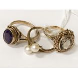 3 9CT GOLD & SEMI PRECIOUS STONE RINGS - SIZES L/O/O - 8.6 GRAMS APPROX.