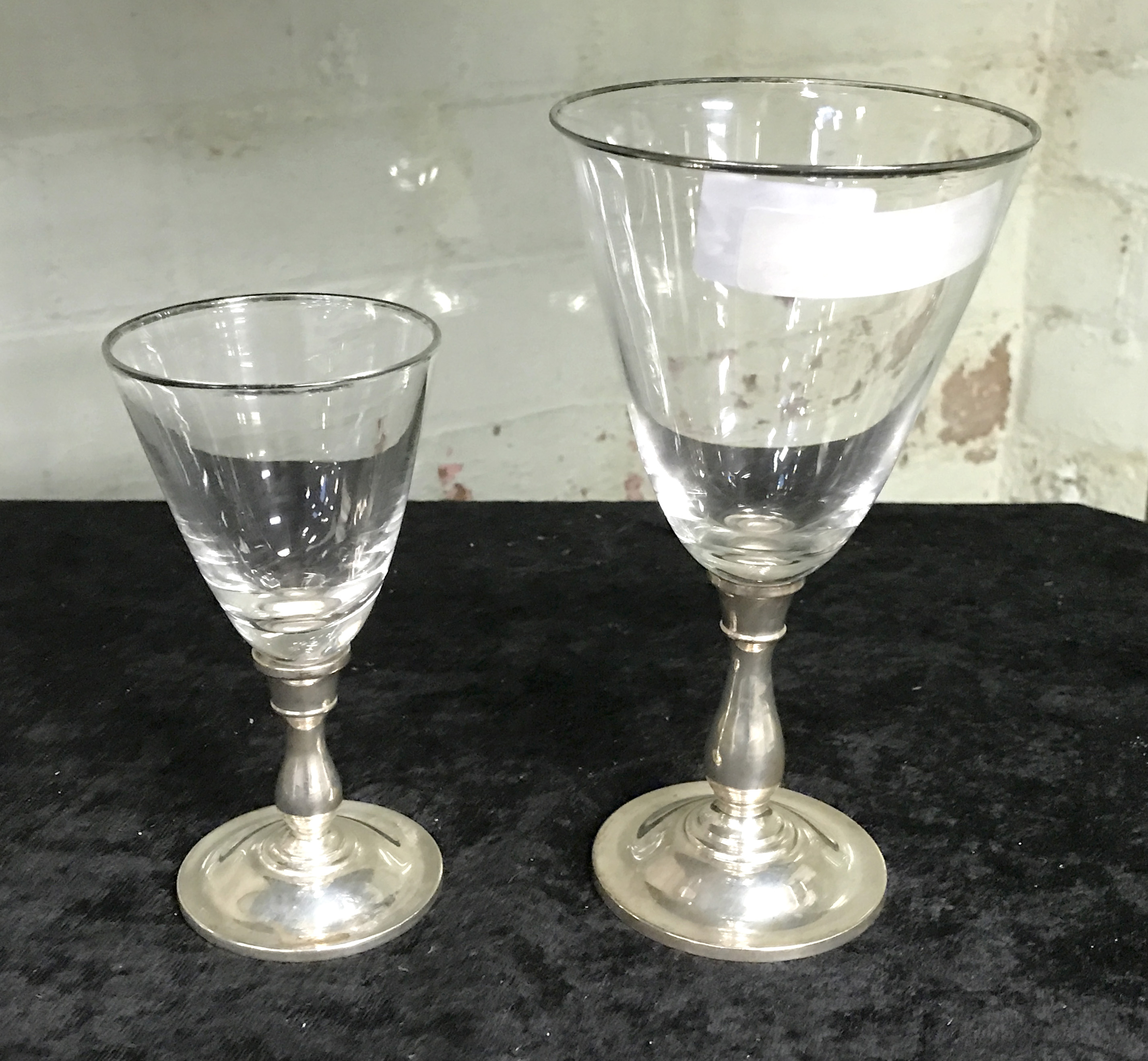 TWO GORHAM STERLING SILVER & GLASS GLASSES - 18CM & 13CM