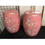 PAIR PINK PORCELAIN BARREL STOOLS - 45CM HEIGHT