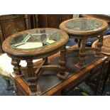 PAIR OF OVAL WALNUT GLASS TOP TABLES