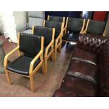 6 LIGHT OAK CHAIRS WITH BLACK LEATHER SEATS