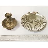 SILVER SHELL WITH A SMALL SILVER CANDLESTICK - APPROX. 8 ozs