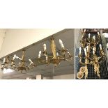 3 GILT CHANDELIERS WITH 3 PAIRS OF WALL LIGHTS - PAIR HEIGHT 67CM WIDTH 53CM, SMALL HEIGHT 38CM