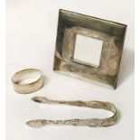 H/M SILVER FRAME, PAIR OF SUGAR TONGS & NAPKIN RING