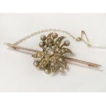 9 CT. GOLD SEED PEARL & DIAMOND BAR BROOCH - 7.5 grams