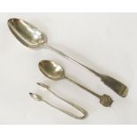 GEORGIAN SILVER SERVING SPOON WITH A SILVER GOLF SPOON & H/M SILVER SUGAR TONGS - APPROX. 6 ozs