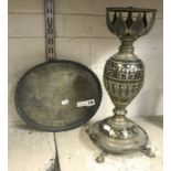 ORIENTAL BRONZE TRAY & SILVER INLAID TABLE LAMP