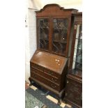 MAHOGANY BUREAU BOOKCASE - ONE GLASS CRACKED