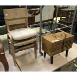 3 SMALL CHAIRS & SEWING BOX - ONE GLASS MISSING