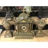 VICTORIAN BRASS & ONYX CLOCK & GARNITURE