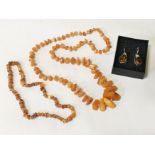 TWO AMBER NECKLACES, AMBER EARRINGS