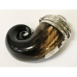 EARLY HORN & SILVER SEMI PRECIOUS STONE TOP TOBACCO / SNUFF BOX - 9 CMS