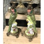 PAIR BRONZE & PORCELAIN PARROT CANDLE HOLDERS - 35 CMS (H)