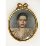 HAND PAINTED MINIATURE GILT FRAMED PORTRAIT OF A YOUNG GIRL - 9 CMS