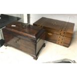 EARLY TUNBRIDGEWARE BOX - 28 CMS X 18 CMS X 12 CMS WITH AN EARLY MAHOGANY TEA CADDY - 23 CMS X 15