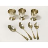 3 HM SILVER EGGCUPS WITH FOUR HM SILVER SPOONS