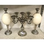 SILVER PLATE CANDELABRA & PAIR OF SILVER PLATE OSTRICH EGG CANDLESTICKS - 34 CMS