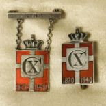 TWO GEORG JENSEN SILVER & ENAMEL BADGES - KINGS EMBLEM - CIRCA 1940