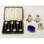 HM SILVER SET OF BEAN SPOONS WITH 4 HM SILVER CRUETS