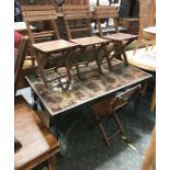 FOUR FOLDING CHAIRS & TILED METAL GARDEN TABLE