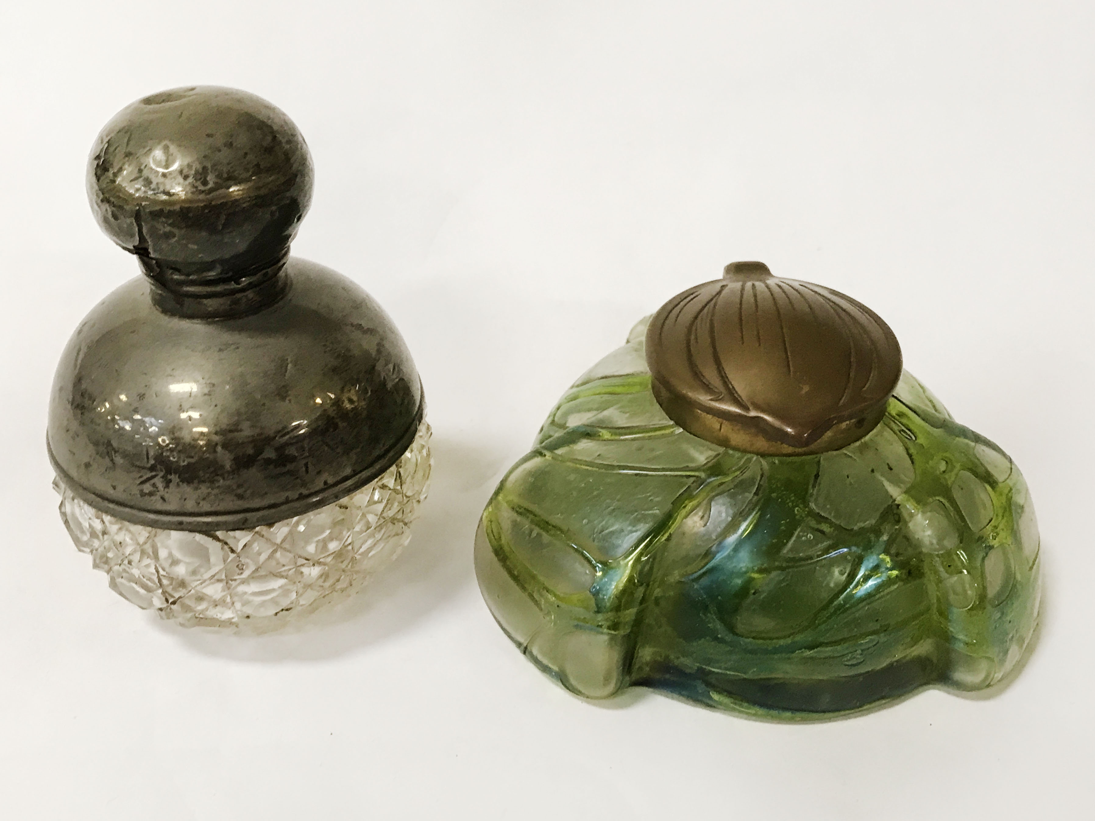 COLOURED GLASS INKWELL & STERLING SILVER TOP SCENT BOTTLE