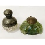 COLOURED GLASS INKWELL & STERLING SILVER TOP SCENT BOTTLE