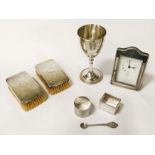 HM SILVER DESK CLOCK, GOBLET, 2 SILVER NAPKIN RINGS, BRUSHES