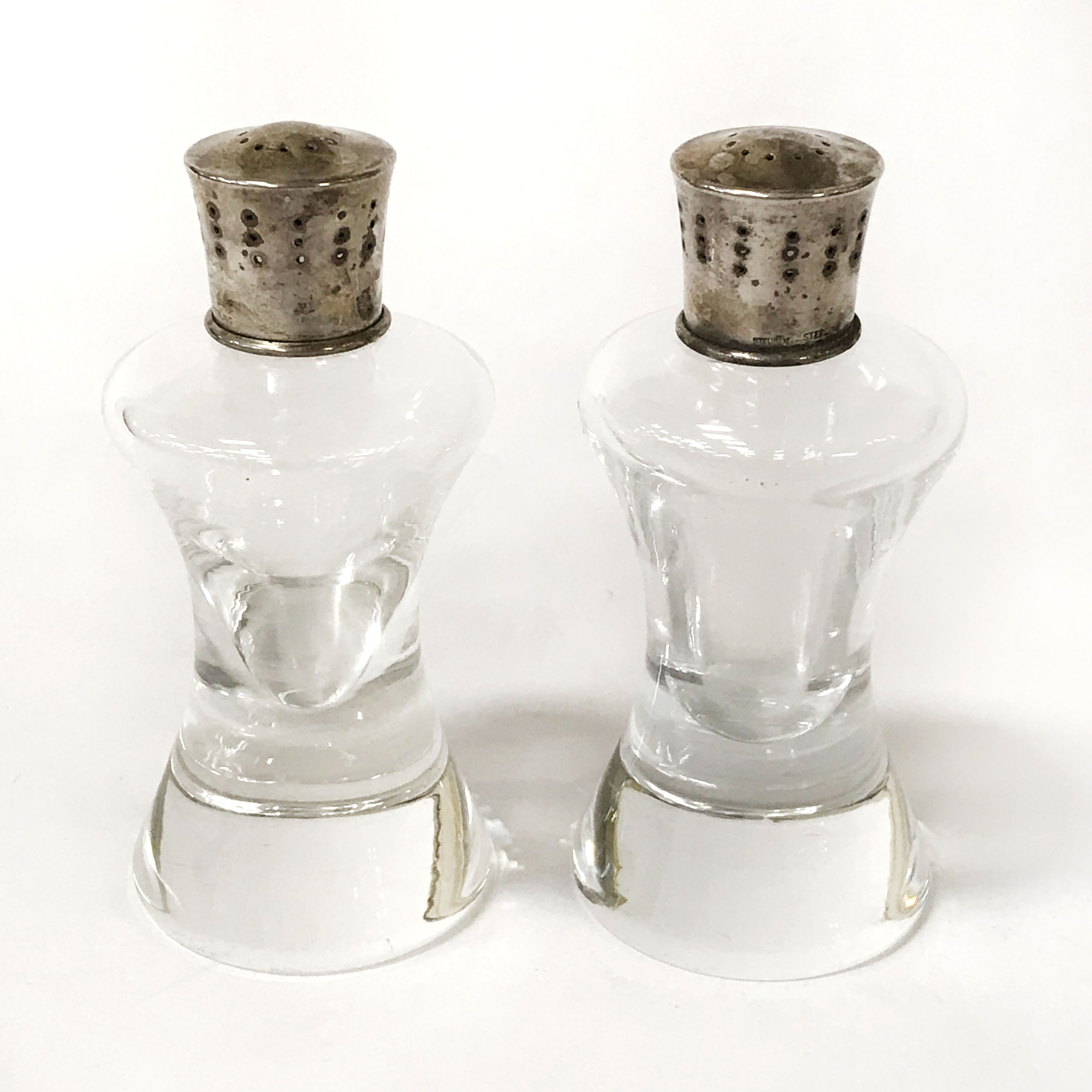 PAIR SILVER TOP & STEUBEN GLASS SALT & PEPPERS