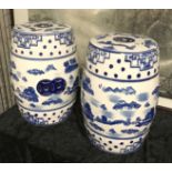 PAIR BLUE & WHITE PORCELAIN BARREL STOOLS - 40 CMS (H)