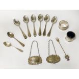 8 SILVER SPOONS,MUSTARD POT, SCOTTISH SILVER FORK & NAPKIN RING