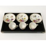 3 MEISSEN STYLE EARLY HAND PAINTED COFFEE CUPS & SHALLOW BOWLS