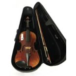 FRENCH VIOLIN LABELLED C.A MOUCOUTEL 1853 WITH BOW AND CASE - 59 CMS LENGTH