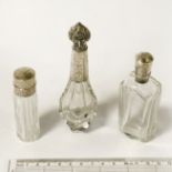 3 HM SILVER & GLASS SCENT BOTTLES - 13 CM TALLEST, 10 CM MIDDLE & 8 CM SMALLEST