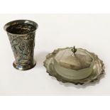 DANISH SILVER GOBLET WITH SILVER LID & SILVER & GLASS TRAY - 10 CMS HEIGHT (GOBLET)