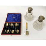 SIX HM SILVER SPOONS & TWO SILVER TOP BOTTLES