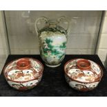 HAND PAINTED VASE & TWO ORIENTAL RICE BOWLS VASE - 19 CMS (H)