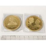 TWO LARGE COMMEMORATIVE GOLD PLATED MEDALS - 10 CMS DIAM