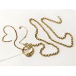 TWO 9CT GOLD BRACELETS WITH A 9CT GOLD RING & 9CT GOLD ROPE NECKLACE - 22 INCHES - 14 GRAMS TOTAL