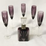 CRYSTAL DECANTER & 5 CHAMPAGNE FLUTED - HM SILVER COLLAR - MAPPIN & WEBB 28CM