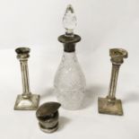 PAIR OF SILVER CANDLESTICKS A/F WITH SILVER TOPPED DECANTER (NO STOPPER) & JERUSALEM 925 OWL