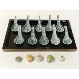 SET OF 10 CHINESE FLORAL DESIGN PORCELAIN SPOONS WITH GROUP OF 5 MINIATURE PORCELAIN CONTAINERS