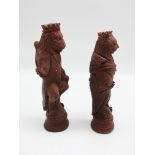 UNUSUAL PAIR OF CHESS LION KING & QUEEN CLAY FIGURES