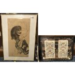 JAPANESE WATERCOLOUR OF 2 MONKEYS 87 X 60, 2 EARLY SILKS IN FRAME 23 X 43 BY MORI SOSEN