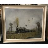 OIL ON CANVAS PLANE ATTACKING STEAM TRAIN SIGNED ADRIAN NEAL 194CM X 90CM