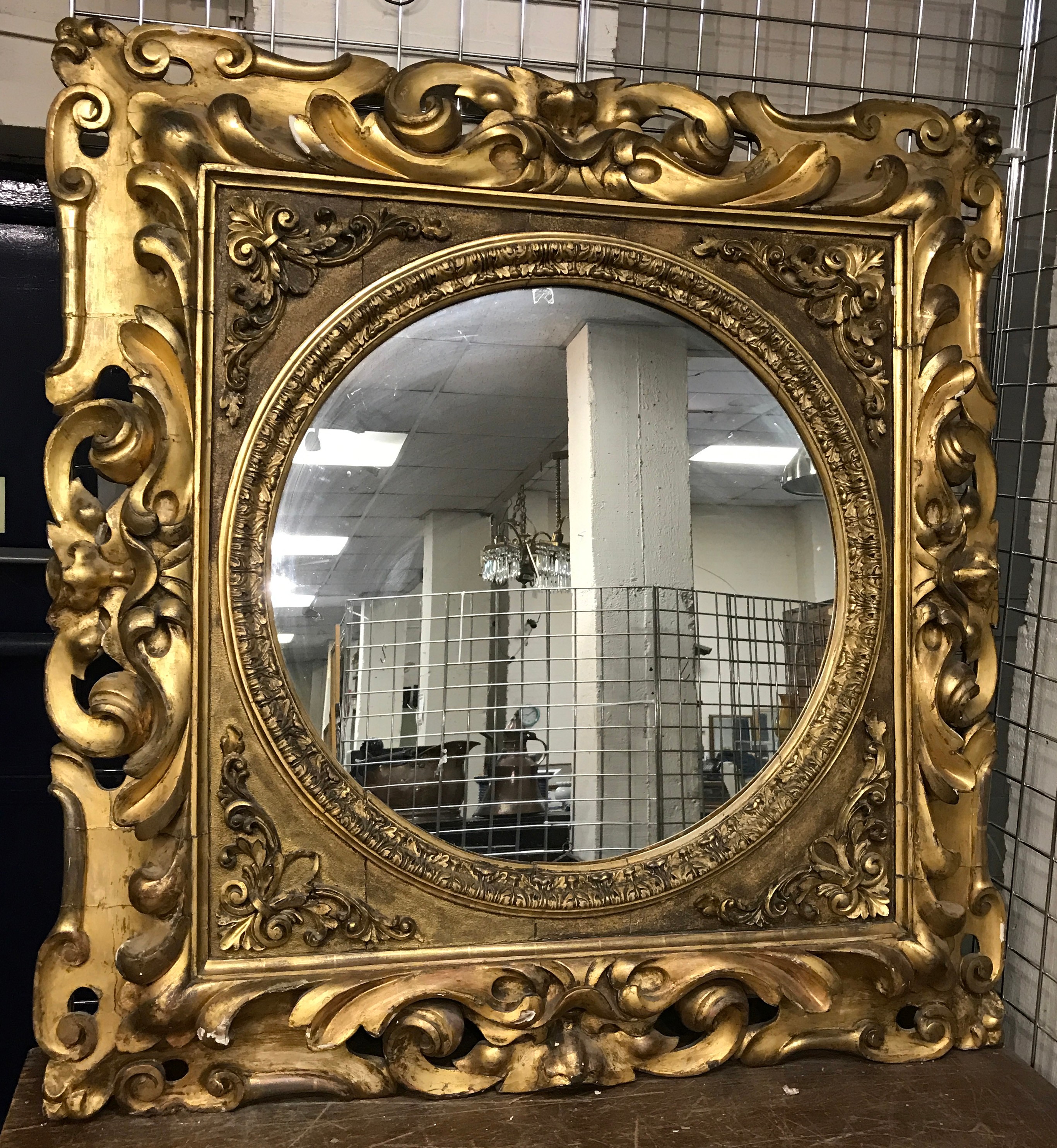 LATE 17th CENTURY HARDWOOD FRAME PIERCED & CARVED WITH SCROLLS ACANTHUS FOLIAGE AND GROTESQUE MASKS