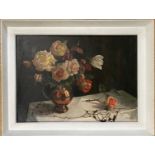 English School. Oil on board. “Still Life of Roses on a Table”