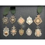 SELECTION OF TEN VARIOUS HALLMARKED SILVER FOB WATCHES PENDANTS / MEDALS